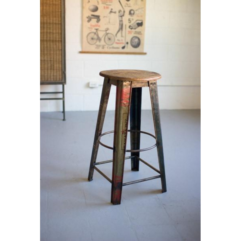 Kalalou Recycled Metal Bar Stool With Wooden Top