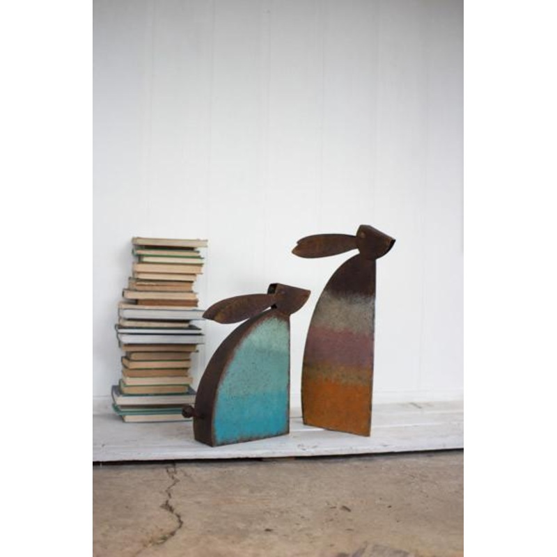 Kalalou Set Of Two Rustic Metal Rabbits With Colored Detail