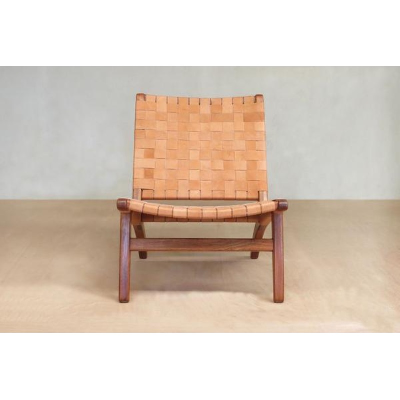 Masaya Leather Woven Lounge Chair- Barley Color Leather & Royal Mahogany Wood