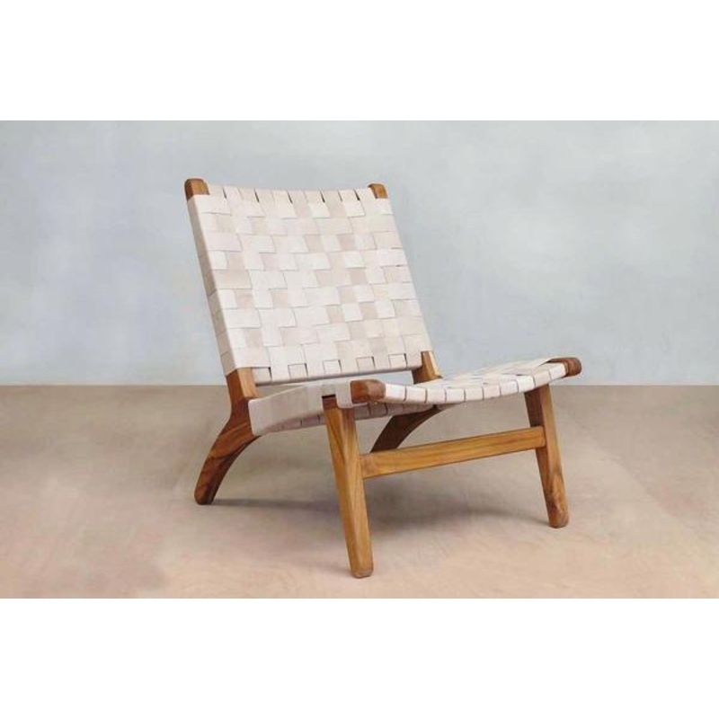 Masaya Leather Woven Lounge Chair- Natural Color Leather & Teak Wood