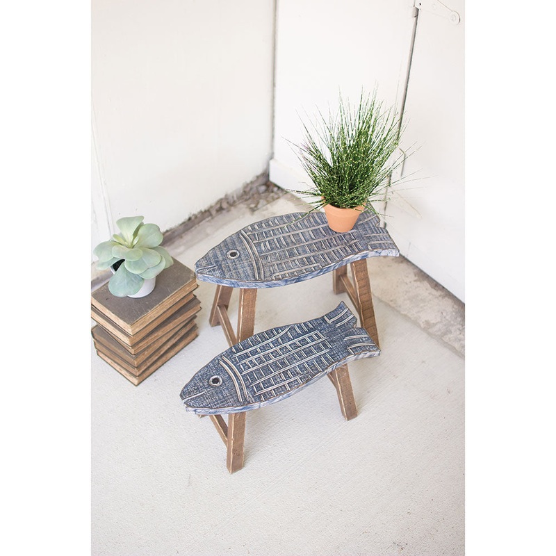Kalalou Wooden Fish Stools -  Set Of 2